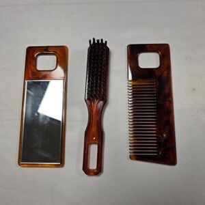 Vintage Tortoiseshell Travel Grooming Set Mirror Brush‎ Comb Gold Case Hong Kong